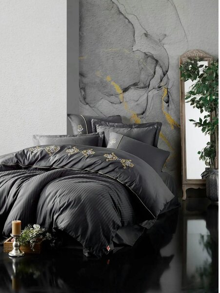 Set lenjerie pat dublu KING, bumbac, negru, 240x260 cm, cu cearceaf pa