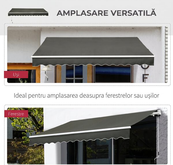 Outsunny Copertină Pliabilă pentru Exterior, Copertină Tip Roll-Up cu Deschidere Manivelă, 350x250 cm, Gri | Aosom Romania