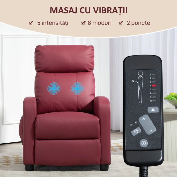 HOMCOM Fotoliu de Masaj cu 8 Moduri, 5 Intensități, Suport pentru Picioare și Telecomandă, 68x88x98 cm, Roșu | Aosom Romania