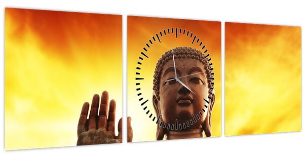 Tablou - Buddha cu fundal roșu și galben (cu ceas) (90x30 cm)