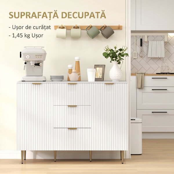 HOMCOM Dulap de Depozitare pentru Bucatarie cu 3 Sertare, Rafturi Reglabile și Picioare Metalice, 120x40x89,5 cm, Alb | Aosom Romania