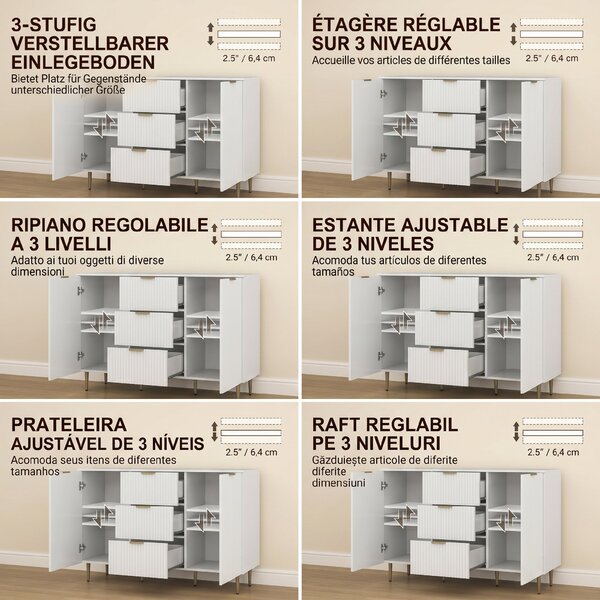 HOMCOM Dulap de Depozitare pentru Bucatarie cu 3 Sertare, Rafturi Reglabile și Picioare Metalice, 120x40x89,5 cm, Alb | Aosom Romania