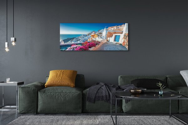 Tablouri canvas Clădiri Grecia flori la mare