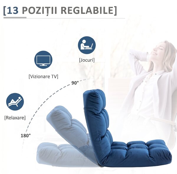 HOMCOM Fotoliu de Podea din Catifea cu Spătar Reclinabil până la 180° și Umplutură Groasă, 55x71x53.5cm, Albastru | Aosom Romania