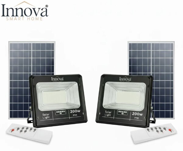 Proiector solar Innova 200W, IP66, 6500K, telecomanda, indicator baterie