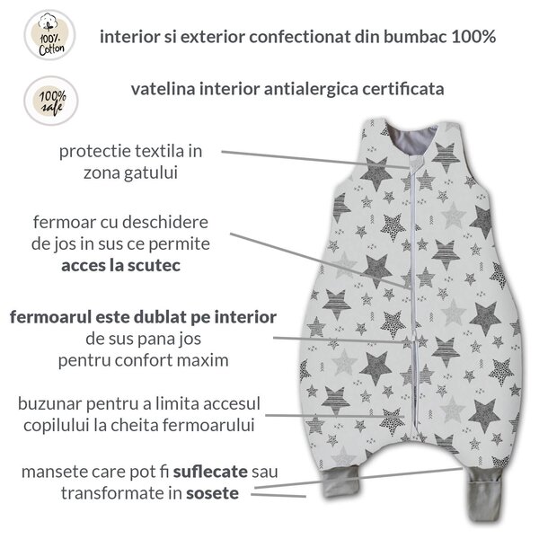 Sac de dormit cu picioare pentru copii 18-36 luni Kidizi Magic Stars Grey, 1 tog