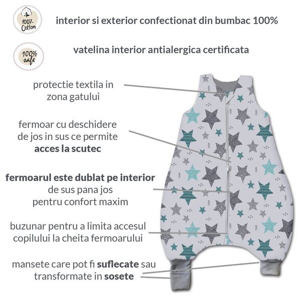 Sac de dormit cu picioare pentru copii 6-18 luni Kidizi All Mint Stars 1 tog, mansete transformabile in soseta