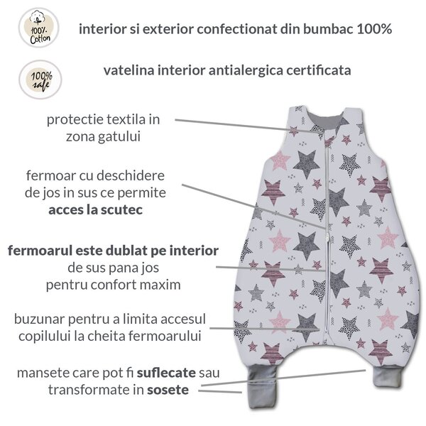 Sac de dormit cu picioare pentru copii 6-18 luni Kidizi All Pink Stars 1 tog, mansete transformabile in soseta