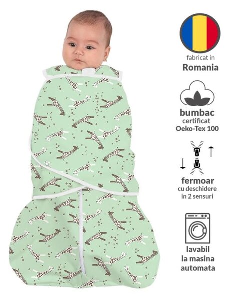 Sac de dormit bebelusi cu sistem de infasare din bumbac Kidizi Giraffe, 0-6 luni, 0.5 tog