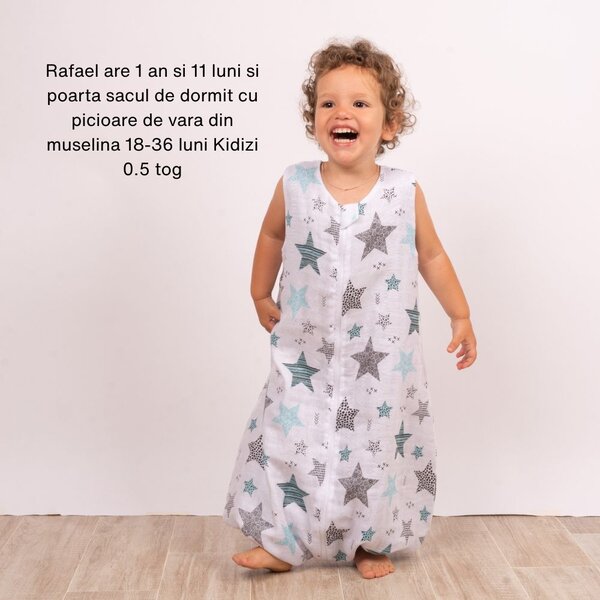 Sac de dormit cu picioare de vara din muselina 18-36 luni Kidizi All Mint Stars, 0.5 tog