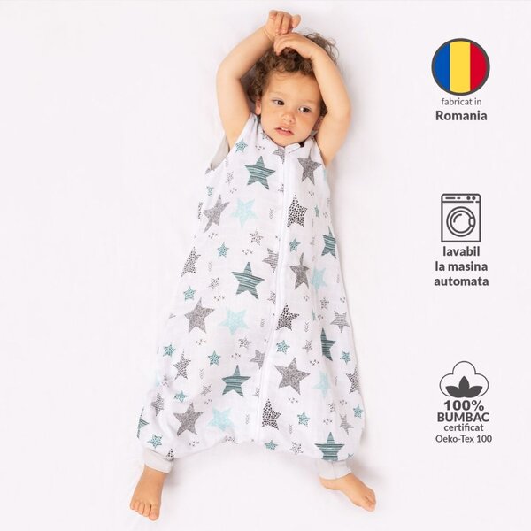 Sac de dormit cu picioare de vara din muselina 18-36 luni Kidizi All Mint Stars, 0.5 tog
