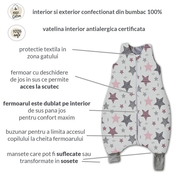 Sac de dormit cu picioare pentru copii 18-36 luni Kidizi All Pink Stars, 1 tog