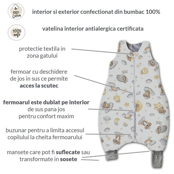Sac de dormit cu picioare pentru copii 6-18 luni Kidizi Minnie 1 tog, mansete transformabile in soseta