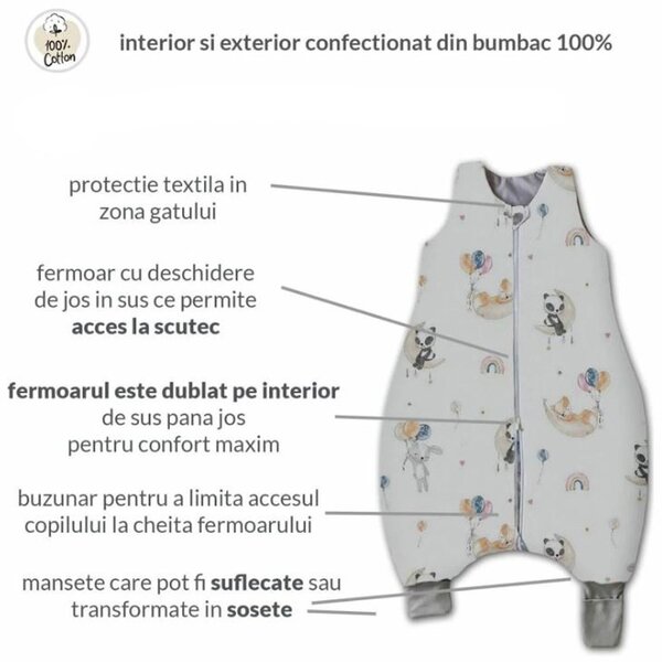 Sac de dormit cu picioare pentru copii 18-36 luni Kidizi Sweet Dreams 0.5 tog, mansete transformabile in soseta