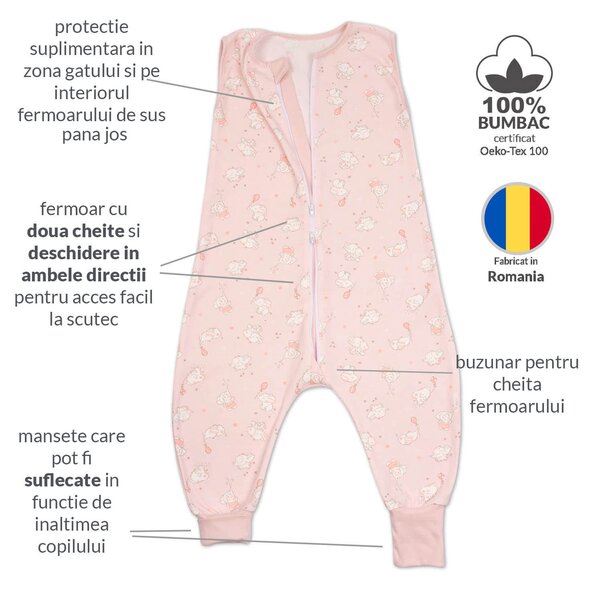 Sac dormit copii de vara din bumbac cu picioare 18-36 luni Kidizi Elefun Pink, 0.5 tog