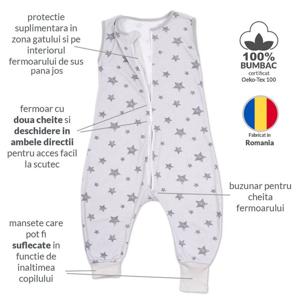 Sac dormit copii de vara din bumbac cu picioare 18-36 luni Kidizi Galaxy Grey, 0.5 tog