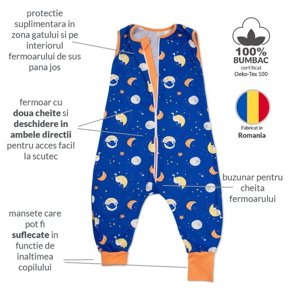 Sac dormit copii de vara din bumbac cu picioare 18-36 luni Kidizi Space Cats, 0.5 tog