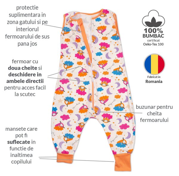 Sac dormit copii de vara din bumbac cu picioare 18-36 luni Kidizi On a Cloud, 0.5 tog