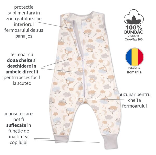 Sac dormit copii de vara din bumbac cu picioare 18-36 luni Kidizi On a Cloud Pastel, 0.5 tog