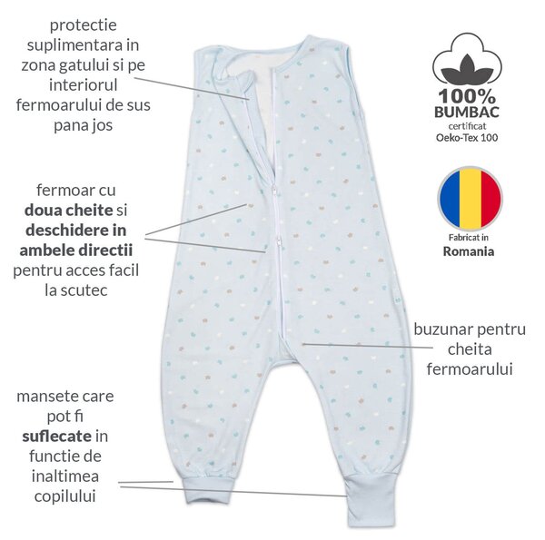 Sac dormit copii de vara din bumbac cu picioare 18-36 luni Kidizi Kitties, 0.5 tog