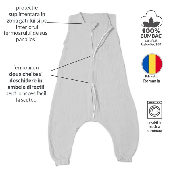 Sac de dormit copii de vara din muselina dubla cu picioare 18-36 luni Kidizi Grey 0.3 tog