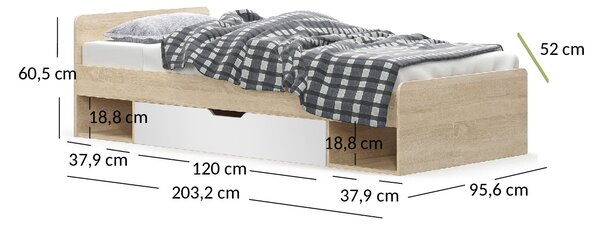 Pat de o persoană 90 cm Terrell (Stejar sonoma + alb) (fără saltea și somieră). 1053300