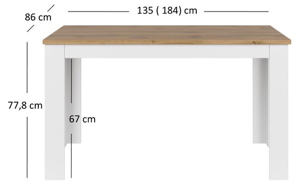 Masă de sufragerie extensibilă 135-184 cm Vina (alb + Stejar wotan). 1053361