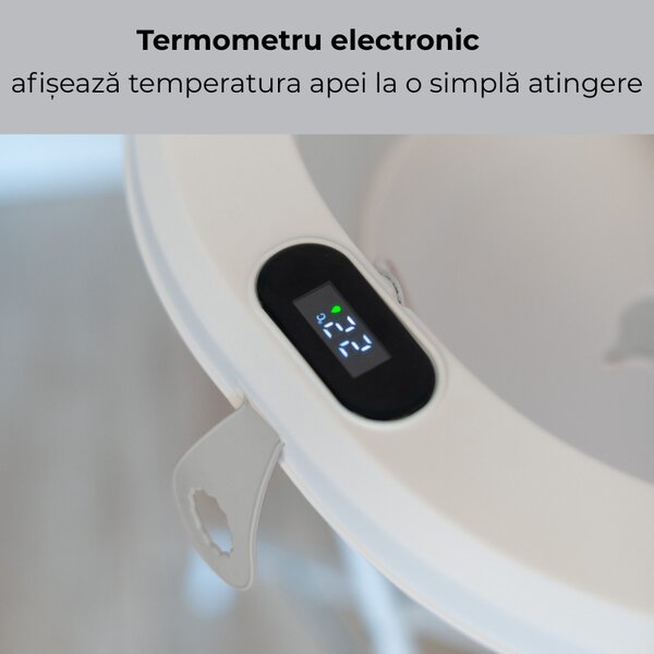 Cadita pliabila cu termometru electronic, hamac ajustabil si dop Kidizi Folda grey, certificat EN71, include furtun scurgere si baza antialunecare, 0-24 luni