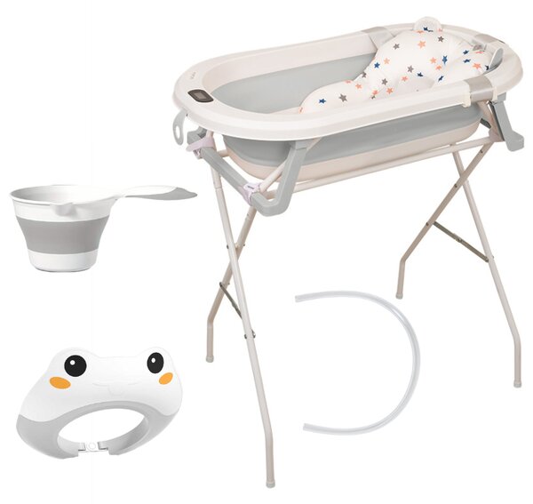 Set pentru baita bebelusului 4 in 1 Kidizi Folda Plus include cadita pliabila cu termometru, dop si furtun, hamac ajustabil, stand pliabil, cana clatire pliabila, viziera ajustabila culoare gri