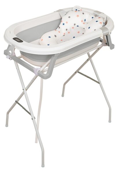 Cadita pliabila cu termometru electronic, hamac ajustabil,dop si stand pliabil Kidizi Folda grey, certificat EN71, include furtun scurgere si baza antialunecare, 0-24 luni