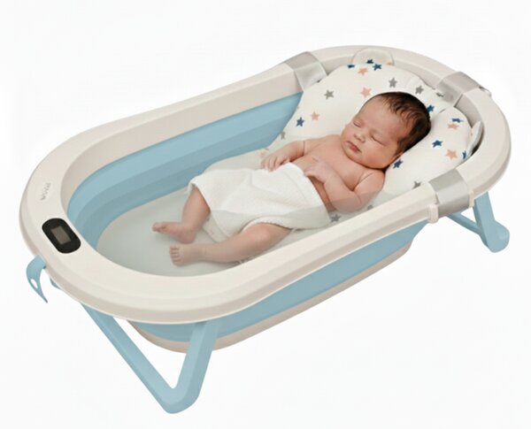 Cadita pliabila cu termometru electronic, hamac ajustabil si dop Kidizi Folda blue, certificat EN71, include furtun scurgere si baza antialunecare, 0-24 luni