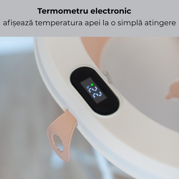 Cadita pliabila cu termometru electronic, hamac ajustabil si dop Kidizi Folda pink, certificat EN71, include furtun scurgere si baza antialunecare, 0-24 luni
