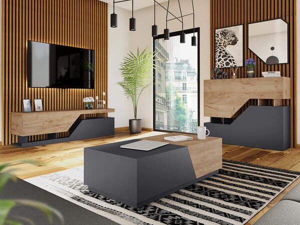 Set mobilier pentru living Belsia (antracit + stejar wotan). 1060579