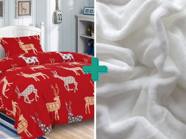 2x lenjerie de pat ZAKKI microplush roșu + cearșaf de microplush SOFT 180x200 cm alb