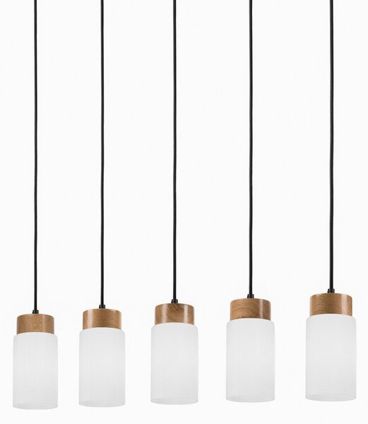 Lamkur Markus lampă suspendată, sticlă opală/lemn de stejar Lungime 100 cm 5 becuri., reglabil, Alb, Camera de zi / sufragerie, Sticlă, Scandinavă