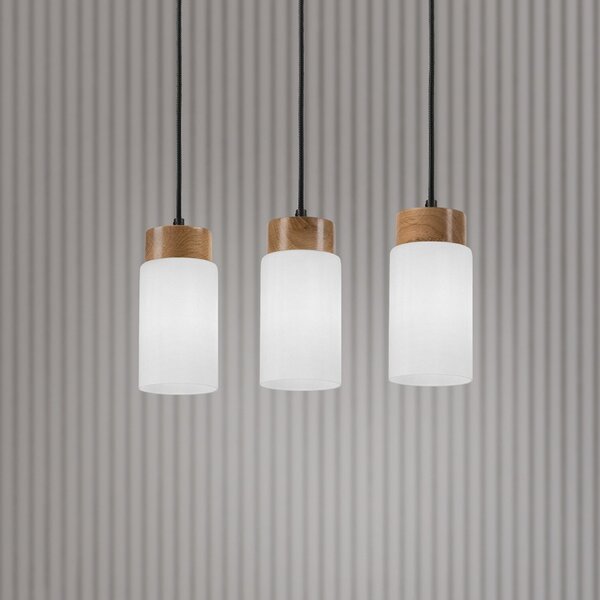 Lamkur Lampă suspendată Markus, sticlă opală/lemn de stejar, lungime 60 cm 3 becuri., reglabil, Alb, Camera de zi / sufragerie, Sticlă, Scandinavă