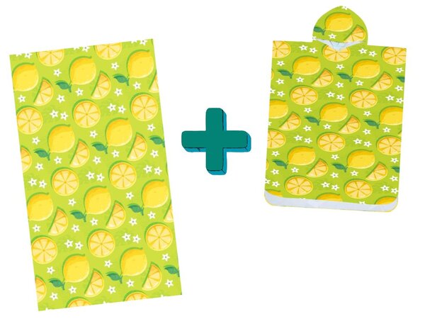 Set de plaja LEMONS – prosop 100×180 cm si poncho 80×145 cm, verde