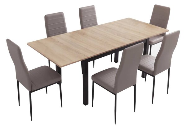 Set Masă Extensibilă Mara Stejar 130–170 × 75 cm cu 6 Scaune Oscar Gri, Piele Sintetica, Picioare Metalice Negre