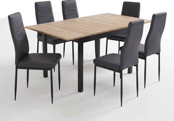Set Masă Extensibilă Mara Stejar 130–170 × 75 cm cu 6 Scaune Oscar Negru, Piele Sintetica, Picioare Metalice Negre
