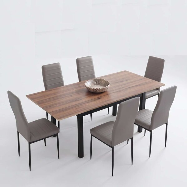Set Masă Extensibilă Mara Nuc 130–170 × 75 cm cu 6 Scaune Oscar Gri, Piele Sintetica, Picioare Metalice Negre