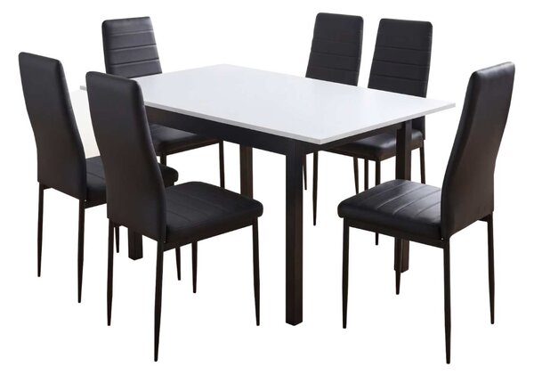 Set Masă Extensibilă Mara Albă 130–170 × 75 cm cu 6 Scaune Oscar Negru, Piele Sintetica, Picioare Metalice Negre