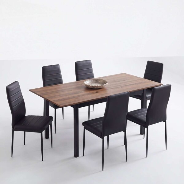 Set Masă Extensibilă Mara Nuc 130–170 × 75 cm cu 6 Scaune Oscar Negru, Piele Sintetica, Picioare Metalice Negre
