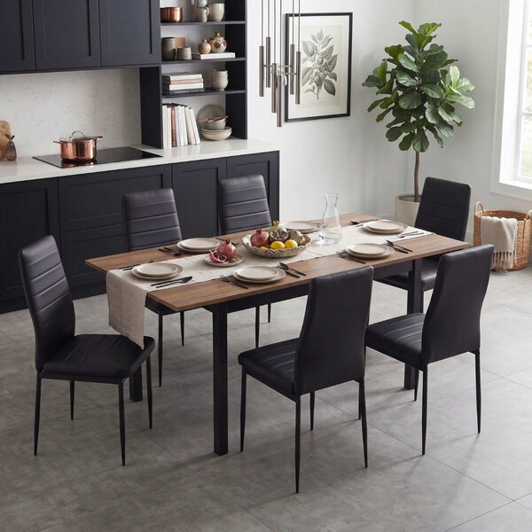 Set Masă Extensibilă Mara Nuc 130–170 × 75 cm cu 6 Scaune Oscar Negru, Piele Sintetica, Picioare Metalice Negre
