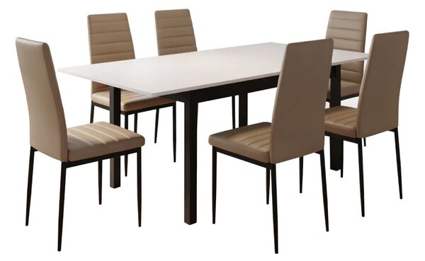 Set Masă Extensibilă Mara Albă 130–170 × 75 cm cu 6 Scaune Oscar Maro Deschis, Piele Sintetica, Picioare Metalice Negre