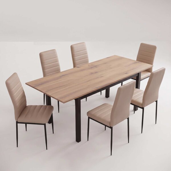 Set Masă Extensibilă Mara Nuc 130–170 × 75 cm cu 6 Scaune Oscar Maro Deschis, Piele Sintetica, Picioare Metalice Negre