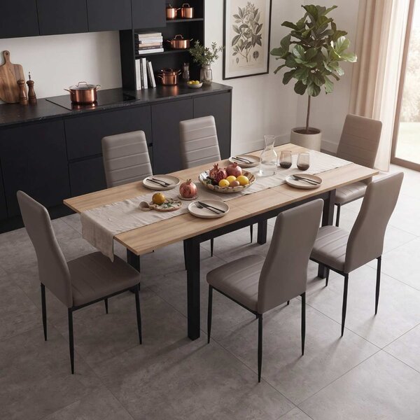 Set Masă Extensibilă Mara Nuc 130–170 × 75 cm cu 6 Scaune Oscar Gri, Piele Sintetica, Picioare Metalice Negre