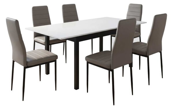 Set Masă Extensibilă Mara Albă 130–170 × 75 cm cu 6 Scaune Oscar Gri, Piele Sintetica, Picioare Metalice Negre