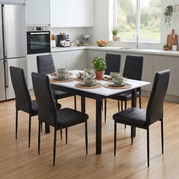Set Masă Extensibilă Mara Albă 130–170 × 75 cm cu 6 Scaune Oscar Negru, Piele Sintetica, Picioare Metalice Negre