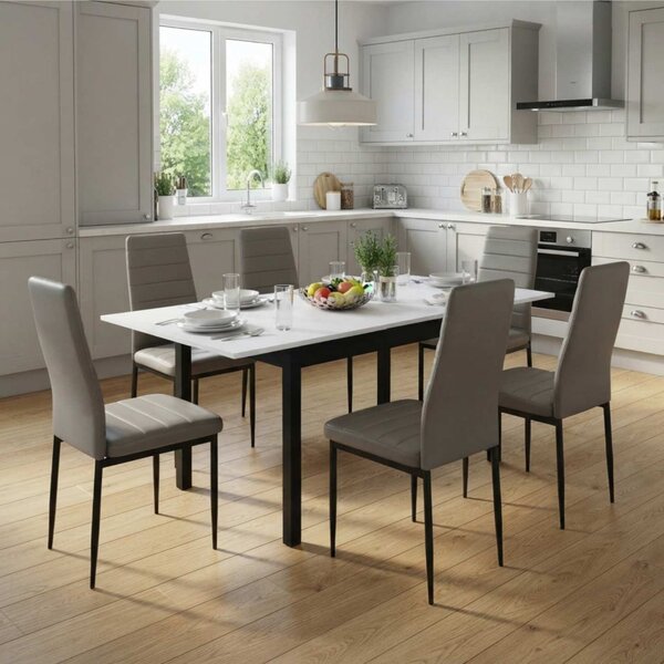Set Masă Extensibilă Mara Albă 130–170 × 75 cm cu 6 Scaune Oscar Gri, Piele Sintetica, Picioare Metalice Negre