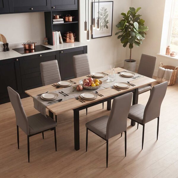 Set Masă Extensibilă Mara Stejar 130–170 × 75 cm cu 6 Scaune Oscar Gri, Piele Sintetica, Picioare Metalice Negre